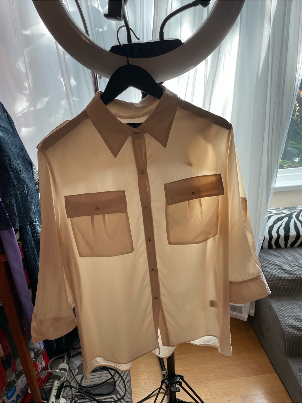 Lafayette 148 New York Silk Cream Button-Front Shirt